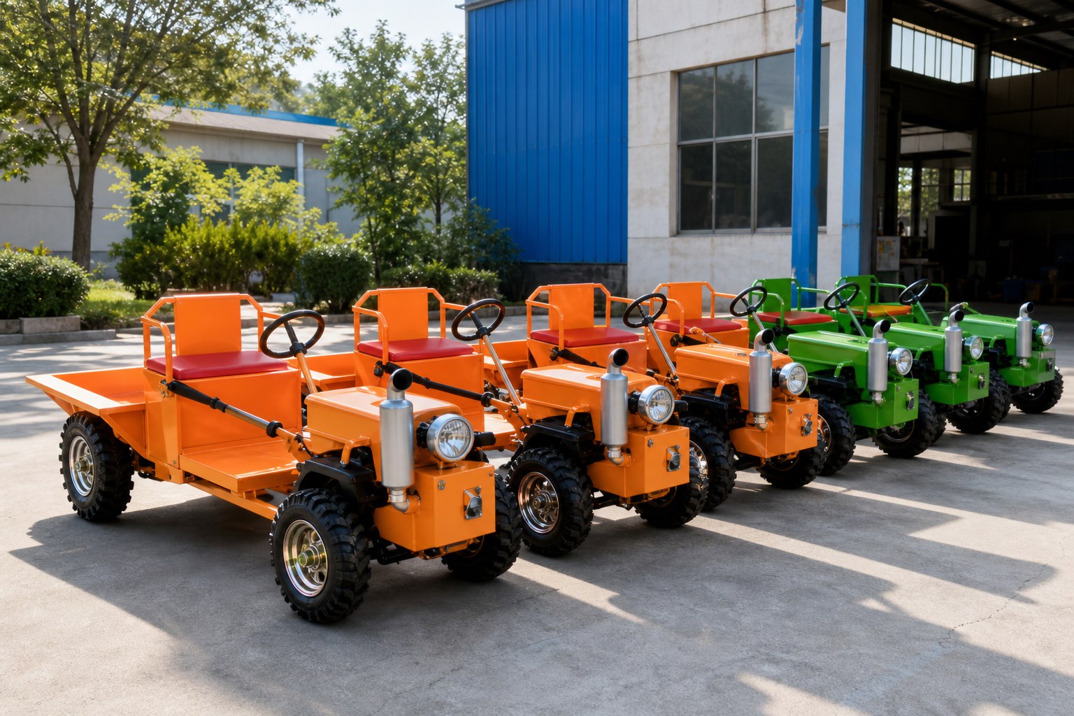 AI-generated concept of colourful amusement tractors outside an illustrative workshop