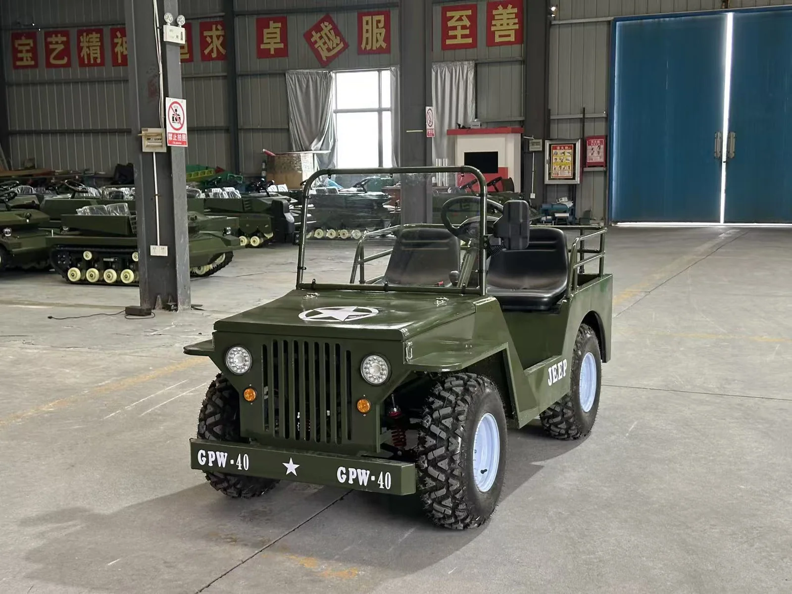 Front and side view of a mini jeep ride