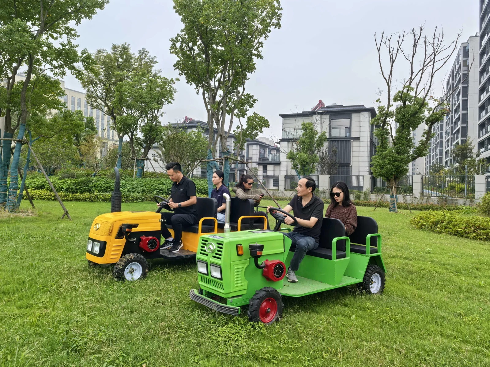 Tractor-style touring vehicles on grass